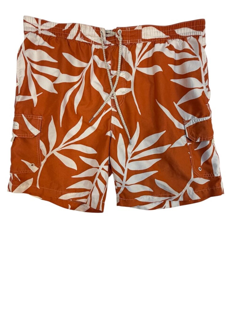 Caribbean Joe Swim Trunks Men's L Orange White Leaf Print Cargo Beach Pool
